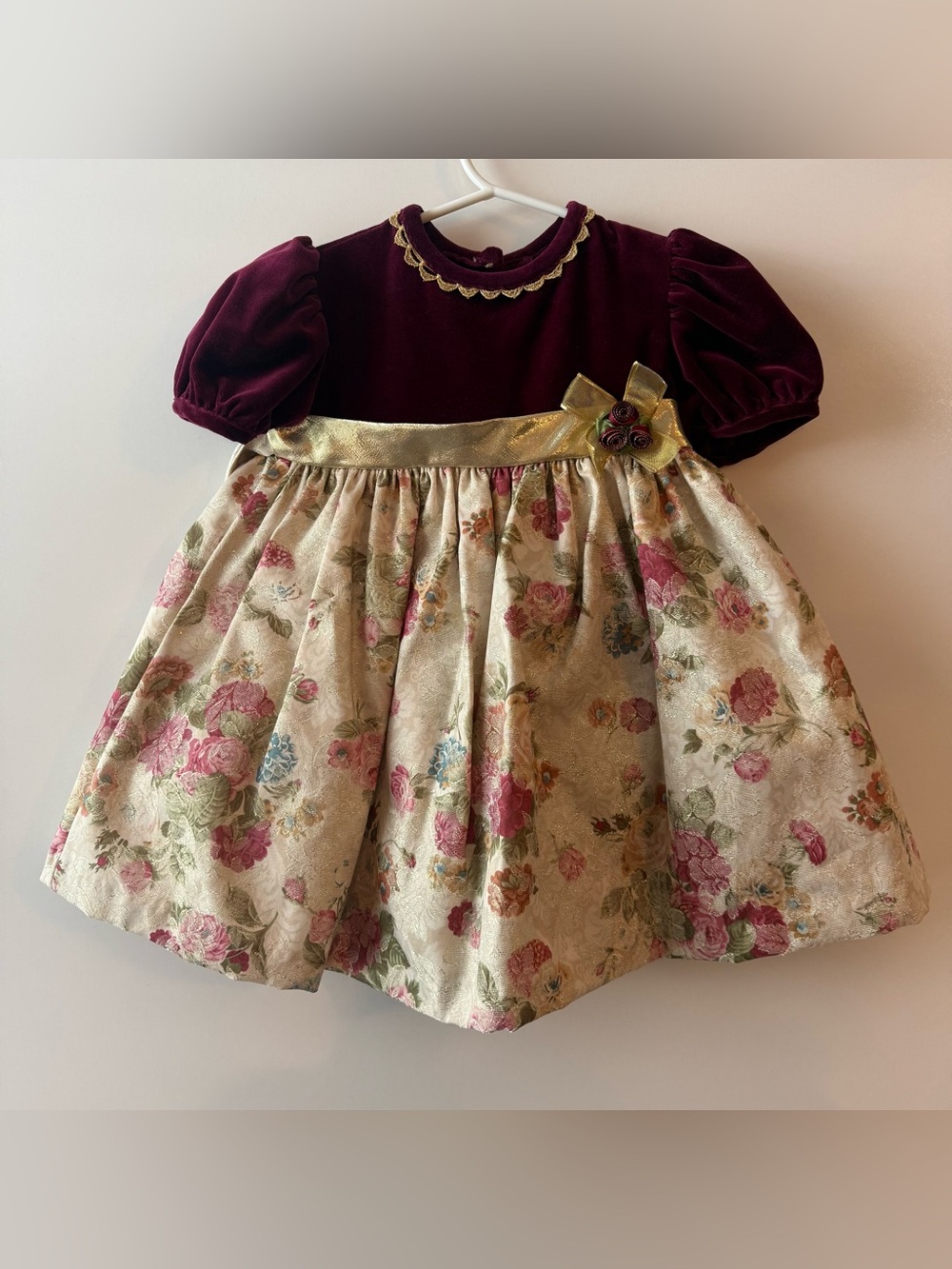 Burgundy Velvet & Gold Floral Rose Party Dress for Girls